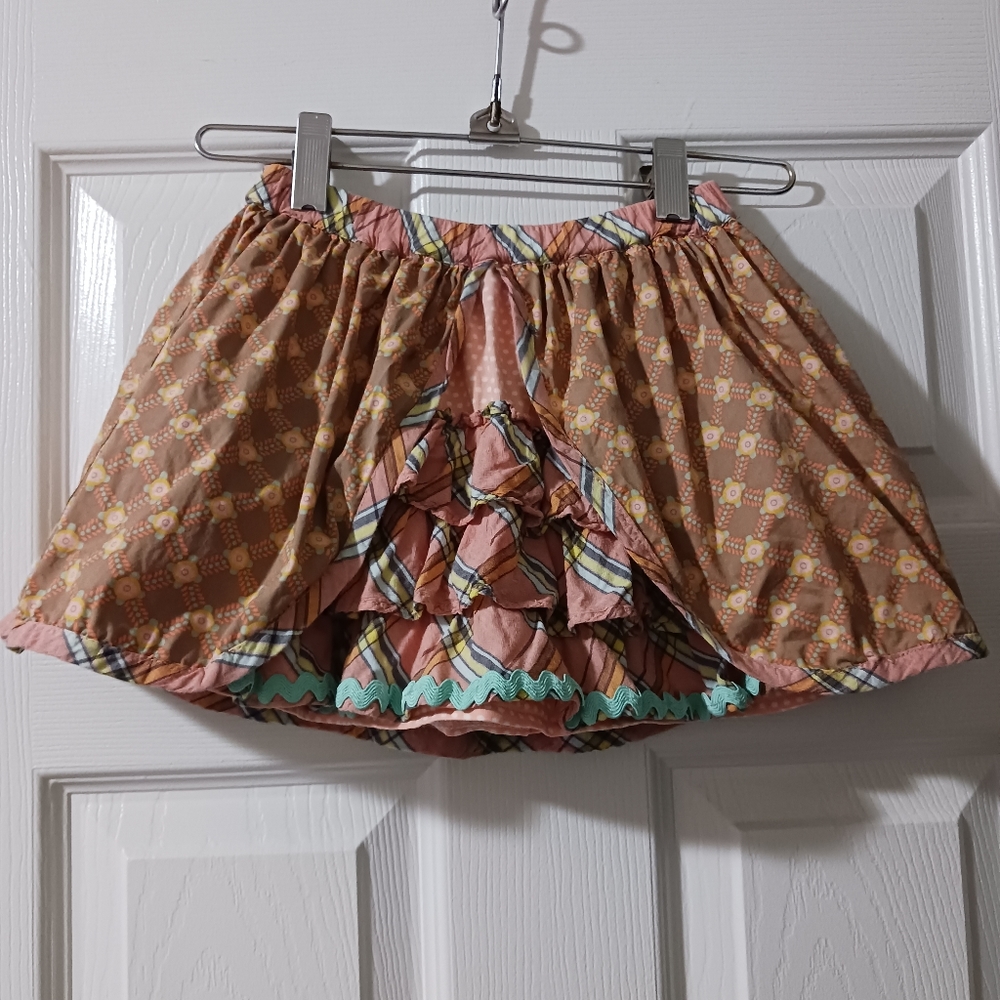 Matilda Jane Girls 4T Brown Multi-Color Peekaboo Skirt With Tiered Ruffles EUC